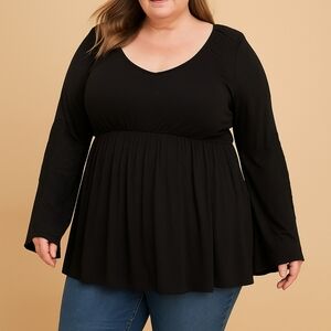 Torrid‎ Super Soft Knit Top Size 2 Bell Sleeve Lace Black Boho Peplum